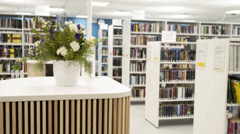 Kirjaston kirjahyllyjä joiden etualalla on kukkaruukku asiakaspalvelu tiskin kulmalla.
