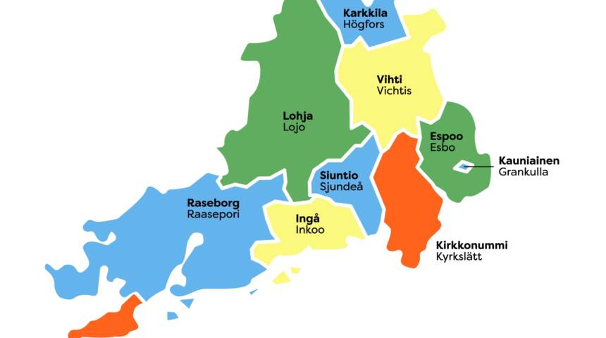 Uudenmaan hyvinvointialueen kartta jossa näkyy Hanko, Raasepori, Inkoo, Siuntio, Lohja, Kirkkonummi, Espoo, Kauniainen, Vihti ja Karkkila kelta-vihreällä ja sini-oransseilla väreillä.