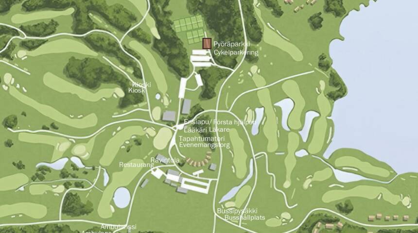 Kartta Pickala golfin golf tapahtumaalueesta johon on merkitty pyöräparkki alue, kioskin sijainti, ensiapu ja lääkäri, tapahtuma tori, bussipysäkit ja ravintolat.