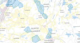 Pohjavesialueita korostettu Siuntiota ja naapurikuntia esittävälle kartalle.