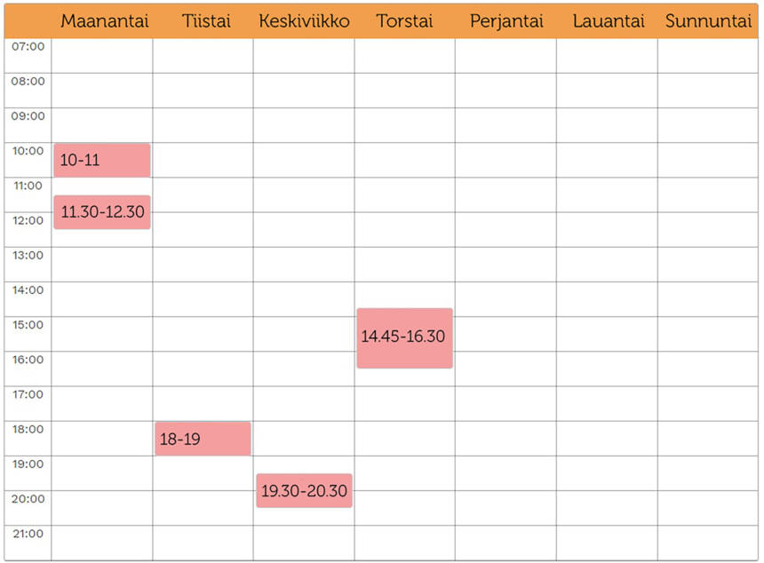 Vesiliikunta-altaan varauskalenteri osoittaa, että altaassa on vakiovuorot maanantaisin kello 10-11 ja kello 11.30-12.30, tiistaisin kello 18-19, keskiviikkoisin kello 19.30-20.30 ja torstaisin 14.45-16.30.